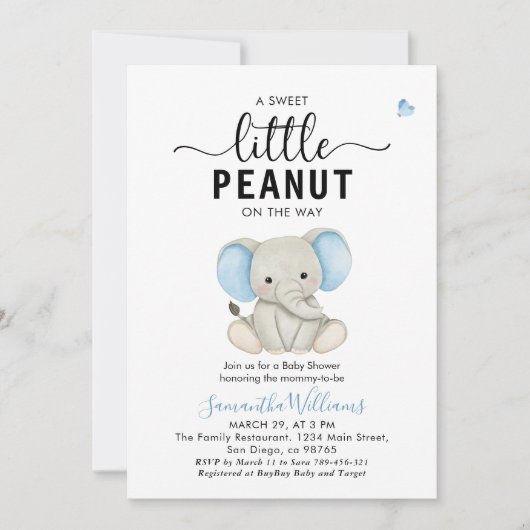 小さなピーナッツかわいい青い象の赤ちゃんシャワー 招待状 (正面)