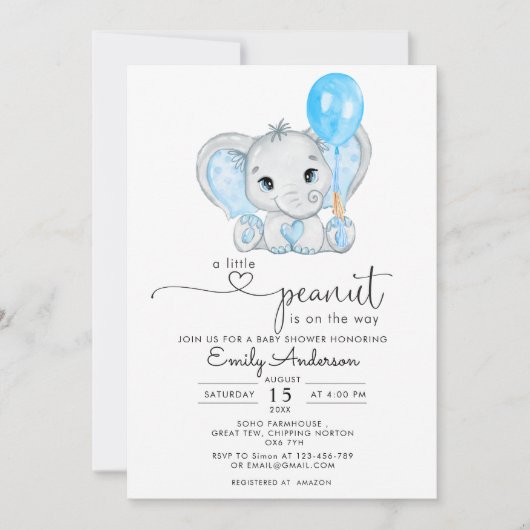 小さなピーナッツが男の子の赤ちゃんシャワーの途中にある 招待状 (正面)