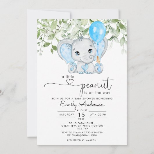 小さなピーナッツが男の子の赤ん坊のシャワーに向かっている 招待状 (正面)