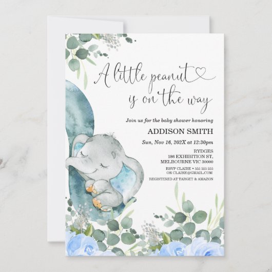 小さなピーナッツフローラゾウのベビーシャワー 招待状 (正面)