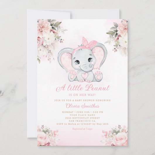 小さなピーナッツフローラ象の女の子の赤ちゃんシャワー 招待状 (正面)
