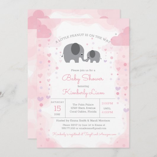 小さなピーナッツ象の女の子の赤ちゃんシャワー 招待状 (正面/裏面)