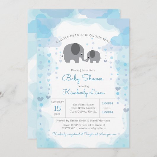 小さなピーナッツ象の少年の赤ちゃんシャワー 招待状 (正面/裏面)