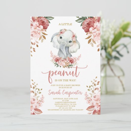 小さなピーナッツ象の赤ちゃんシャワー女の子 招待状 (スタンド正面)