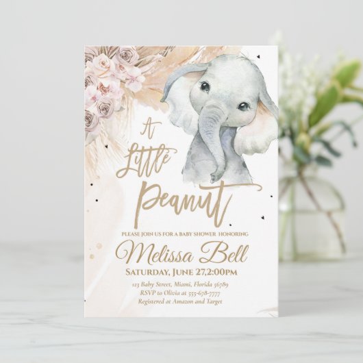 小さなピーナッツ象の赤ちゃんシャワーBoho Safari 招待状 (スタンド正面)