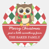 小さなフクロウのクリスマスギフトタグ ラウンドシール (正面)