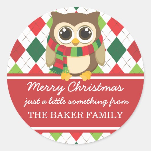 小さなフクロウのクリスマスギフトタグ ラウンドシール (正面)