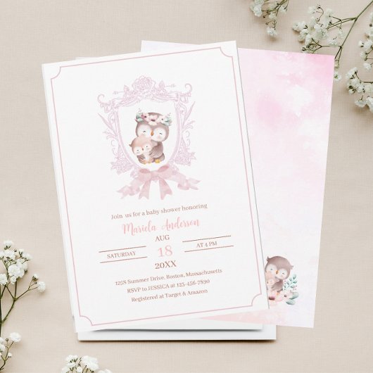 小さなフクロウのピンクの紋章が弓ベビーshowInvitation 招待状