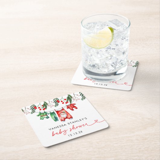 小さなフローラメリークリスマスサンタベビーシャワー スクエアペーパーコースター (インサイチュ)
