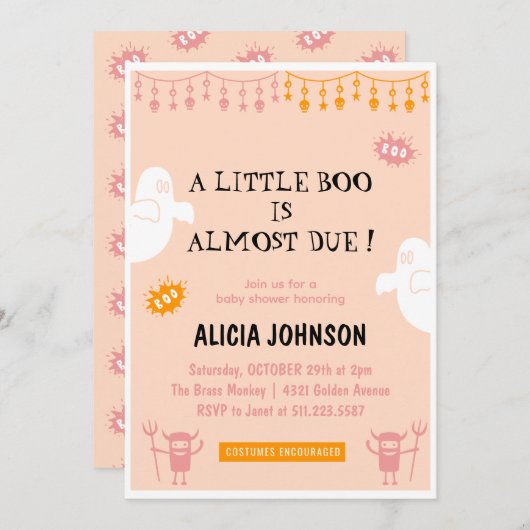 小さなブオレンジハロウィーンベイビーシャワー 招待状 (正面/裏面)