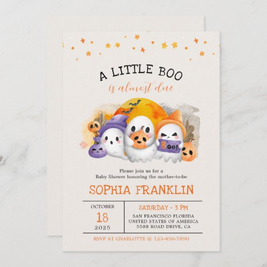 小さなブハロウィーンかわいい幽霊赤ちゃんシャワー 招待状 (正面/裏面)