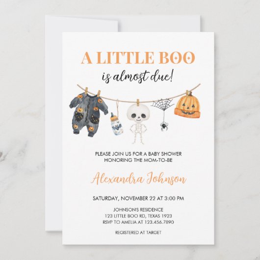 小さなブハロウィーンの物干しの赤ちゃんシャワー 招待状 (正面)