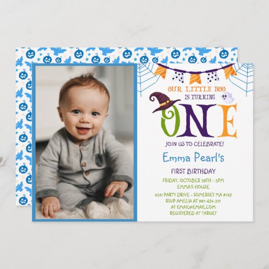 小さなブワンターニングハロウィンフォト誕生日 招待状 (正面/裏面)