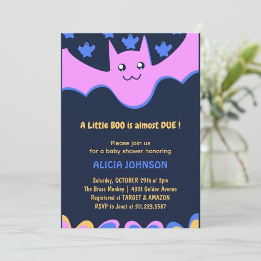 小さなブーかわいいこうもりピンクハロウィーンベイビーシャワー 招待状 (スタンド正面)