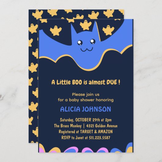小さなブーかわいいこうもり男の子ハロウィーンの赤ちゃんシャワー 招待状 (正面/裏面)