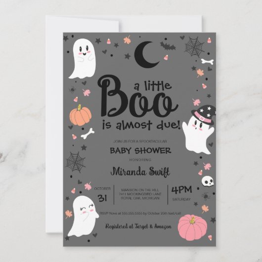 小さなブーかわいいハロウィンピンクの灰色の赤ちゃんシャワー 招待状 (正面)