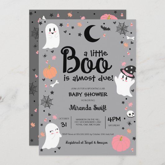 小さなブーかわいい幽霊ハロウィンピンクの赤ちゃんシャワー 招待状 (正面/裏面)