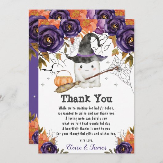 小さなブーかわいい幽霊ハロウィーン赤ちゃんシャワー サンキューカード (正面/裏面)