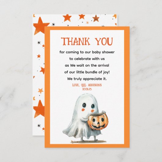 小さなブーかわいい&ハロウィン不気味の赤ちゃんシャワー サンキューカード (正面/裏面)