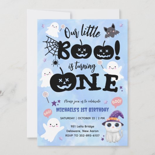 小さなブーが回っている |ハロウィーン1回目の誕生日 招待状 (正面)