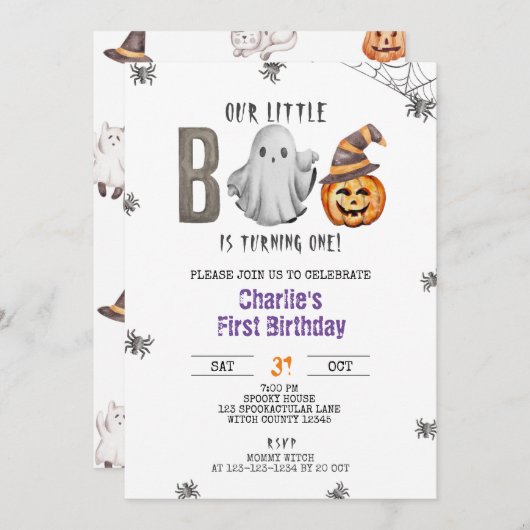 小さなブーが1つ、ハロウィーンの誕生日、男の子を変える 招待状 (正面/裏面)