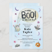 小さなブーのハロウィーンの青い赤ちゃんシャワー 招待状 (正面/裏面)
