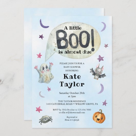小さなブーのハロウィーンの青い赤ちゃんシャワー 招待状 (正面/裏面)