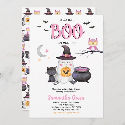 小さなブーの赤ちゃんシャワーをピンク色に塗る 招待状 (正面/裏面)