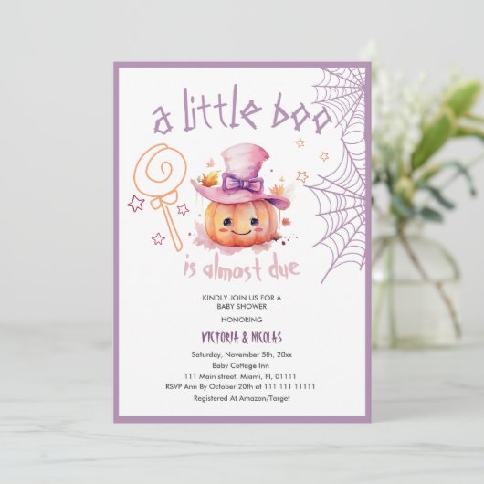 小さなブーはほとんどハロウィーンの女の子シャワー 招待状 (スタンド正面)