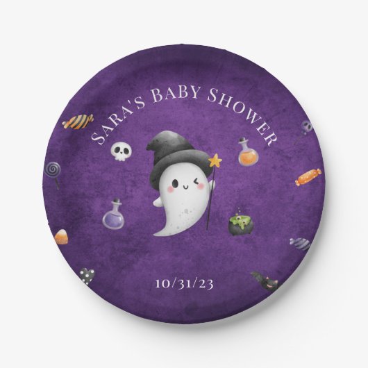 小さなブーはほとんどハロウィーンの赤ちゃんシャワー ペーパープレート (正面)