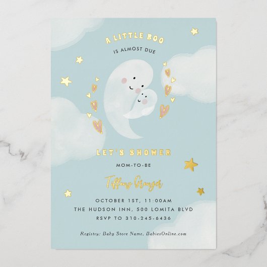 小さなブーはほとんどハロウィーンの赤ちゃんシャワー 箔招待状 (正面)