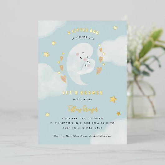 小さなブーはほとんどハロウィーンの赤ちゃんシャワー 箔招待状 (立ち正面)