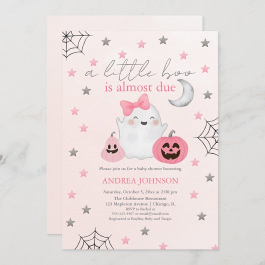 小さなブーはほとんどピンクの女の子の赤ちゃんシャワー 招待状 (正面/裏面)