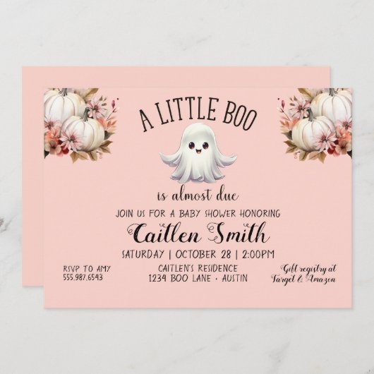 小さなブーはほとんど赤ちゃんシャワーピンクの幽霊 招待状 (正面/裏面)