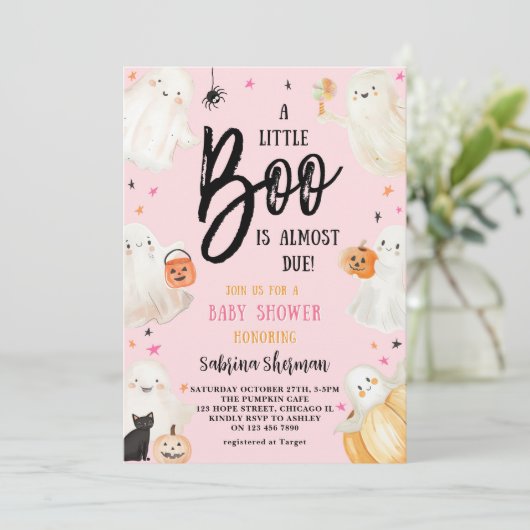 小さなブーピンクかわいいハロウィーンの赤ちゃん女の子シャワー 招待状 (スタンド正面)