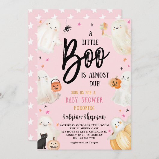 小さなブーピンクかわいいハロウィーンの赤ちゃん女の子シャワー 招待状 (正面/裏面)