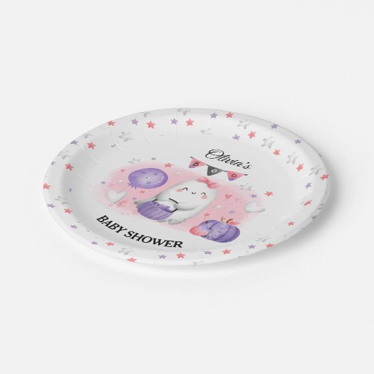 小さなブーピンクの女の子ハロウィーン赤ちゃんシャワー ペーパープレート (アングル)