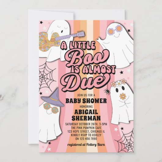 小さなブーブピンクのレトロハロウィーン女の子の赤ちゃんシャワー 招待状 (正面)