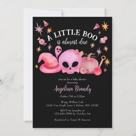 小さなブーブブラック&ピンクのハロウィーンの赤ちゃんシャワー 招待状 (正面)