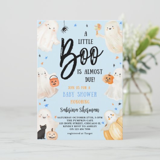 小さなブーブルーハロウィーン幽霊男の子の赤ちゃんシャワー 招待状 (スタンド正面)