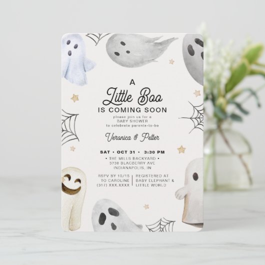 小さなブー中立の灰色のハロウィーンの赤ちゃんシャワー 招待状 (スタンド正面)