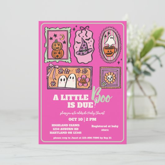 小さなブー名門私立校風のピンクの秋赤ちゃんシャワー 招待状 (スタンド正面)