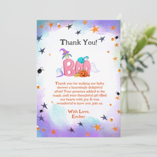 小さなブー幽霊、フクロウのハロウィーンベビーありがとう サンキューカード (スタンド正面)