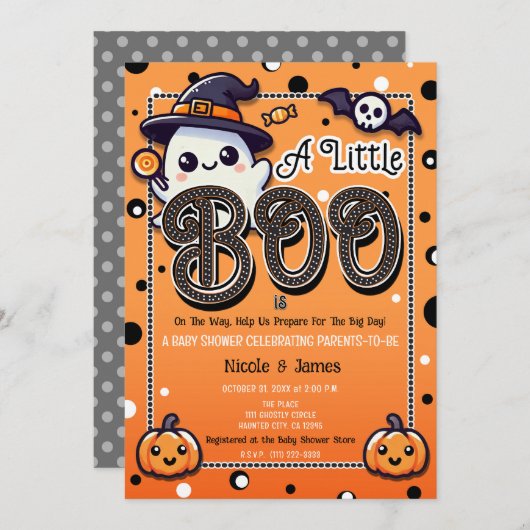 小さなブー水玉模様ハロウィーン赤ちゃんシャワー 招待状 (正面/裏面)