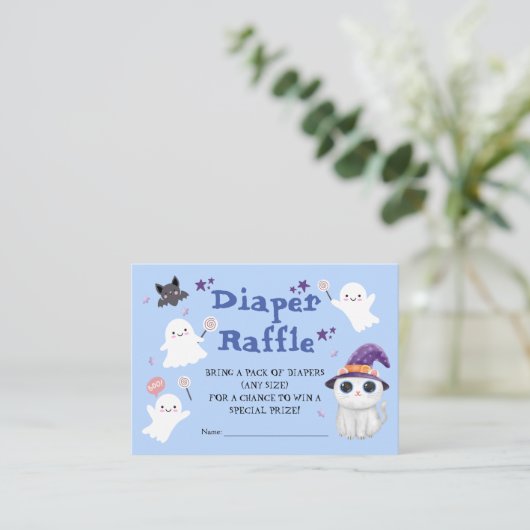 小さなブー男の子ハロウィーンベビーシャワーおむつラッフル エンクロージャーカード (スタンド正面)