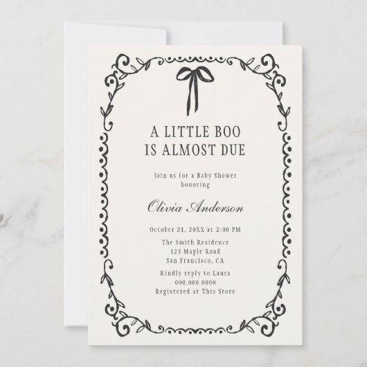 小さなブー黒い弓フレームハロウィーン赤ちゃんシャワー 招待状 (正面)