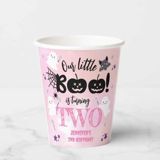 小さなブー!女の子ピンクかわいいハロウィーン2回目の誕生日 紙コップ (正面)