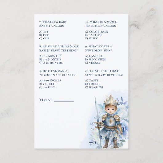 小さなプリンスブルー王室のシャワーベビートリビア エンクロージャーカード (裏面)