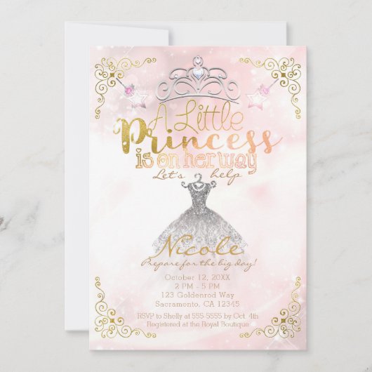 小さなプリンセスがピンクの赤ちゃんシャワーに向かっている 招待状 (正面)