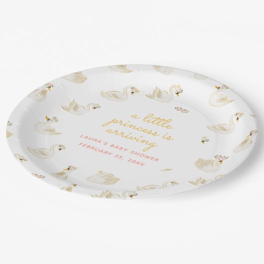 小さなプリンセスが白鳥の赤ちゃんシャワーに到着 ペーパープレート (アングル)